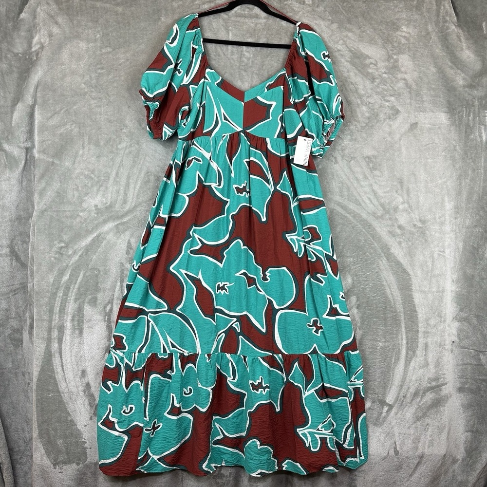 Nine West Maxi Dress Women's XL Teal Brown Tropical Puff Sleeve Babydoll NEW